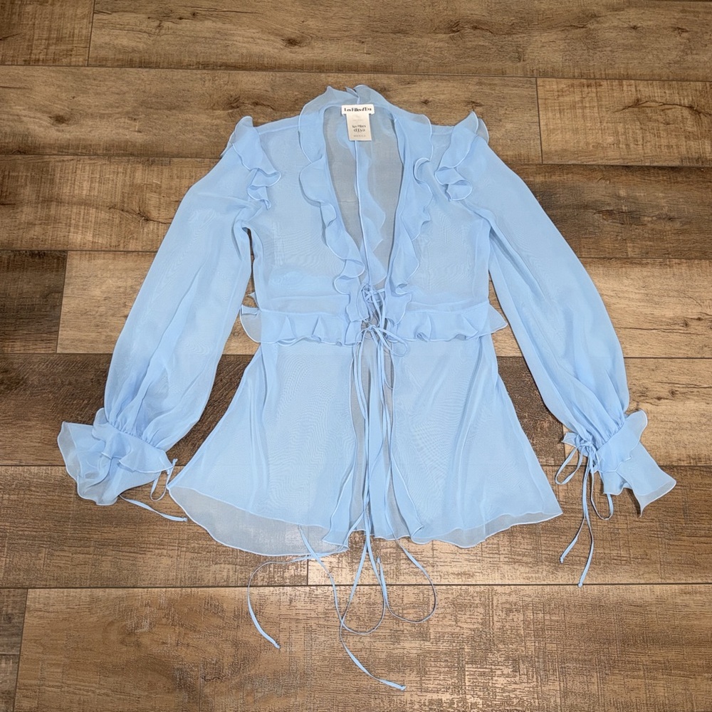 Les Filles D’eva sheer ruffled blouse in blue - Picture 2 of 7